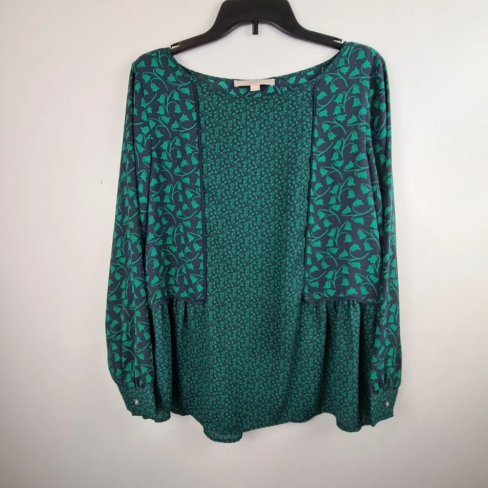 LOFT Womens Green Mixed Floral‎ Peplum Blouse Long Sleeve Boat Neck Top Size M